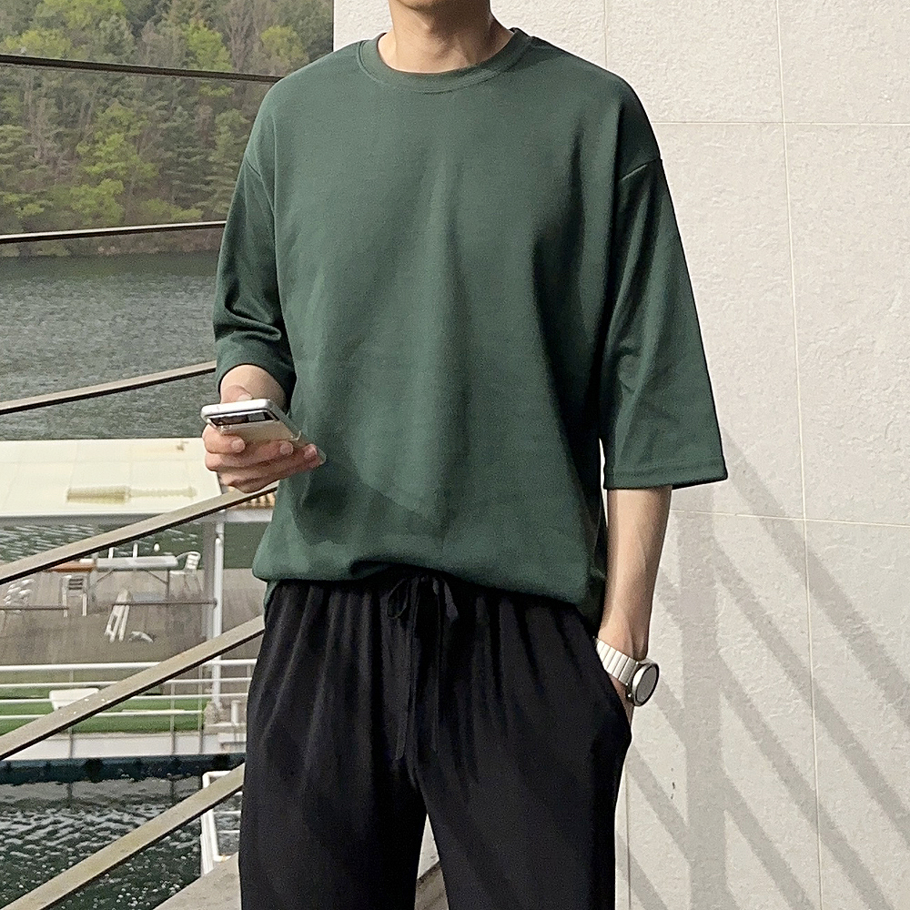 남자 오버핏 커플 무지 라운드 칠부 반팔티 남성 7부 티셔츠 이미지 3