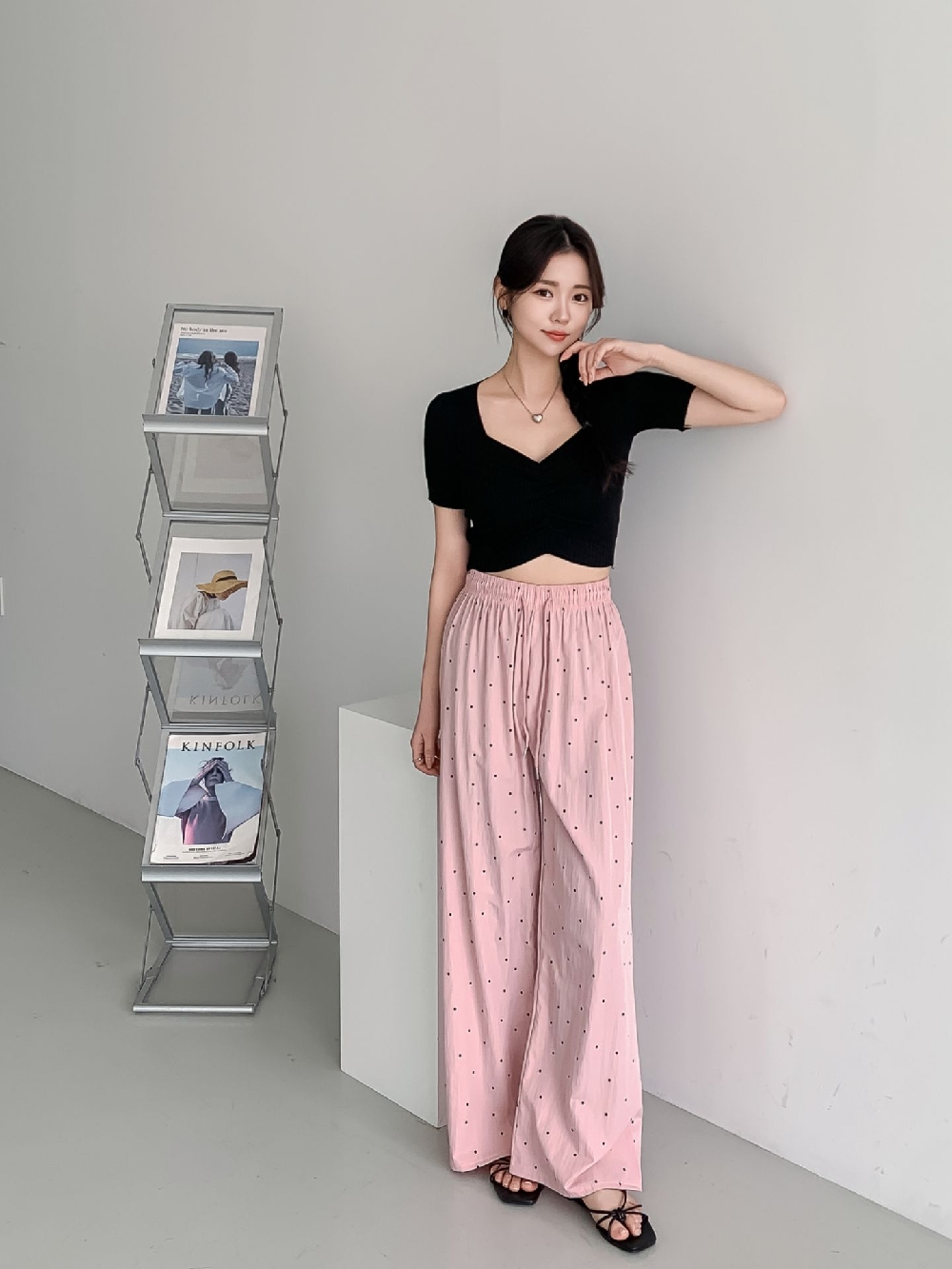 도트바지 땡땡이 냉장고바지 여름 밴딩 고무줄 와이드팬츠 통바지 - 상세 이미지 4