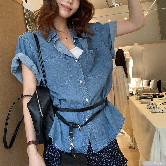태그 데님 오버핏 카라 반팔 하프 셔츠 1col 봄 여름 루즈핏 코튼 제이플로우 - 상품 이미지