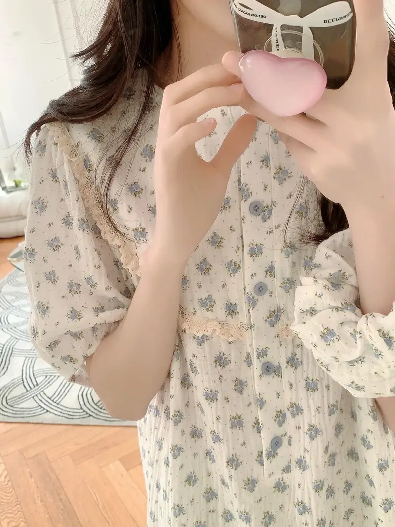 반팔 원피스잠옷 빅사이즈 임산부 수유홈웨어 요루면 플라워 파자마 이미지 6