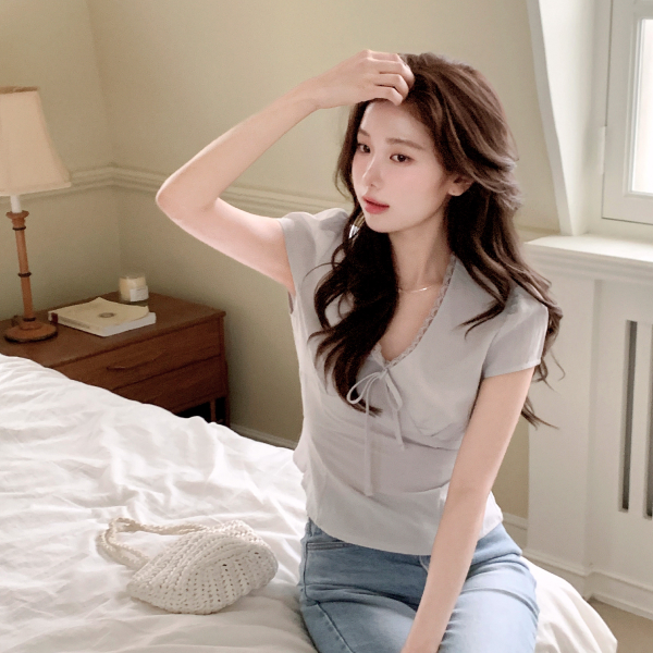 레이스 리본 반팔 블라우스 bs8753 - 상품 이미지