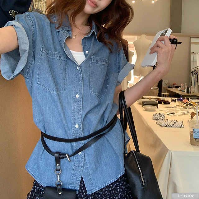 태그 데님 오버핏 카라 반팔 하프 셔츠 1col 봄 여름 루즈핏 코튼 제이플로우 이미지 7