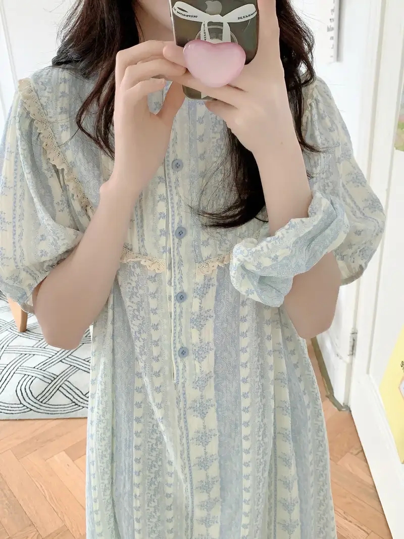 반팔 요루면 원피스잠옷 임산부 수유 빅사이즈 홈웨어 파자마 빈티지꽂 - 상품 이미지