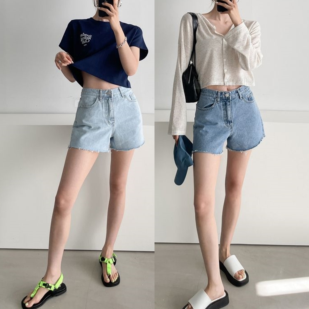 여성 청반바지 데님 반바지 여름 3부 하이웨스트 컷팅 숏 팬츠 - 상품 이미지