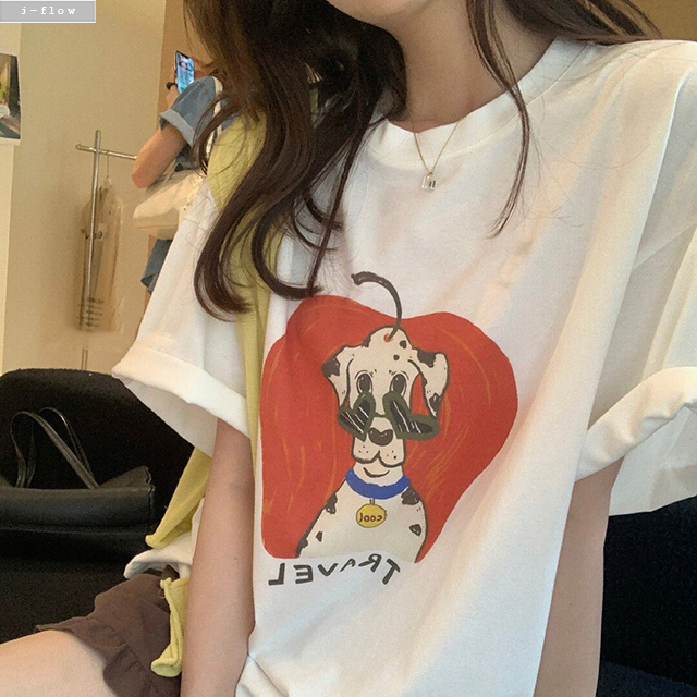 애플 달마시안 오버핏 반팔 루즈핏 티셔츠 (화이트) 봄 여름 루즈핏 롤업 박시 제이플로우 - 상세 이미지 5