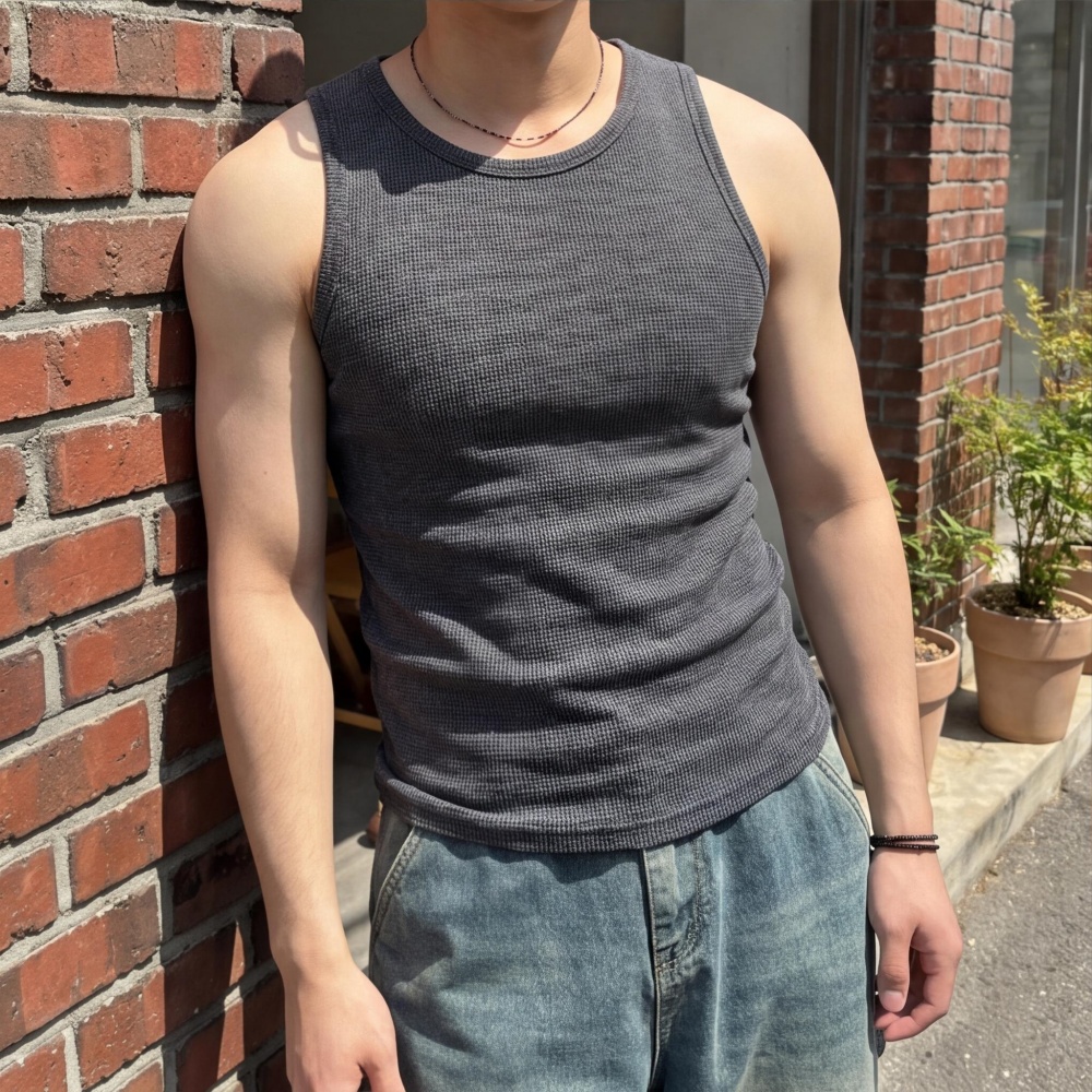 남자 머슬핏 와플 나시티 슬림 엠보 면티 이미지 7