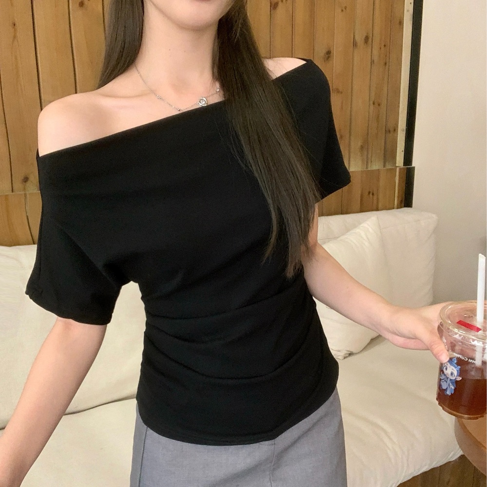 빅사이즈 여름 오프숄더 반팔 티셔츠 셔링 슬림핏 체형커버 데일리룩 - 상세 이미지 5