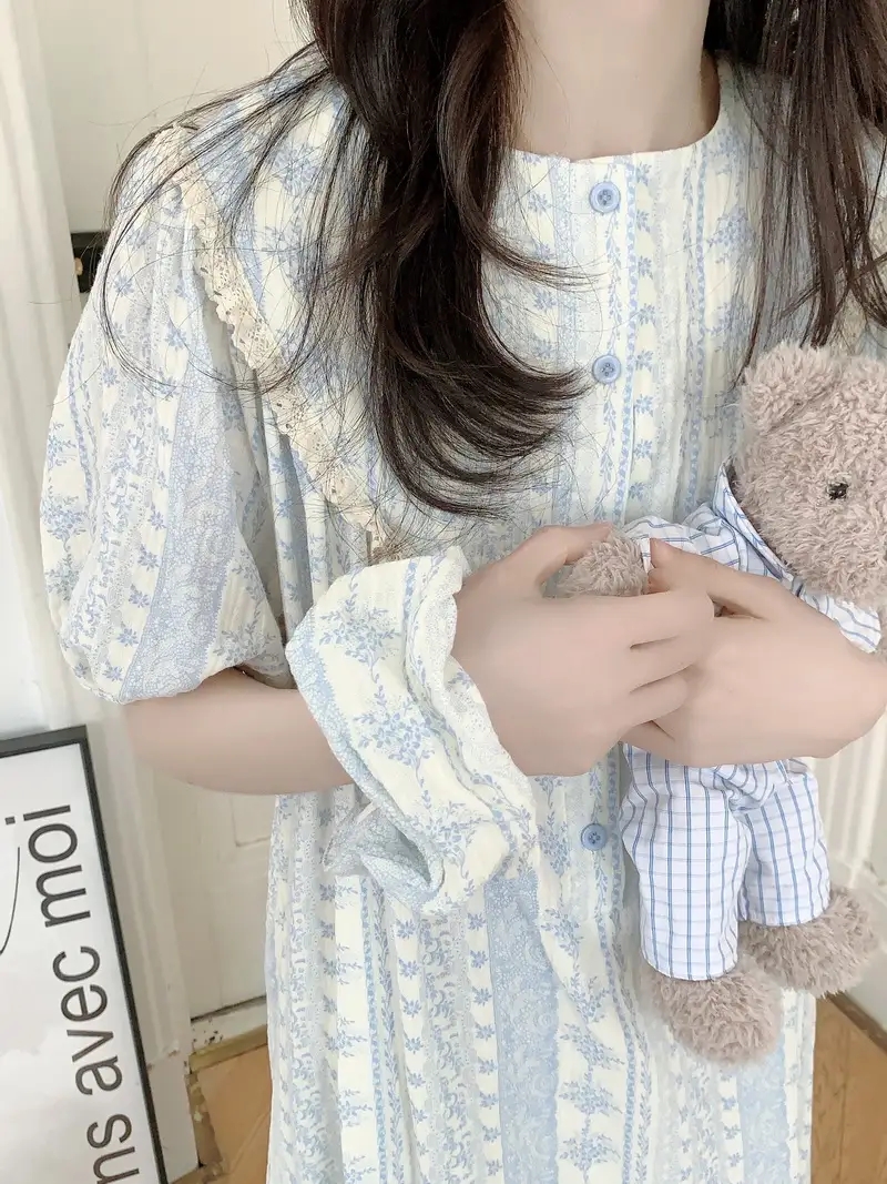 반팔 요루면 원피스잠옷 임산부 수유 빅사이즈 홈웨어 파자마 빈티지꽂 - 상세 이미지 4