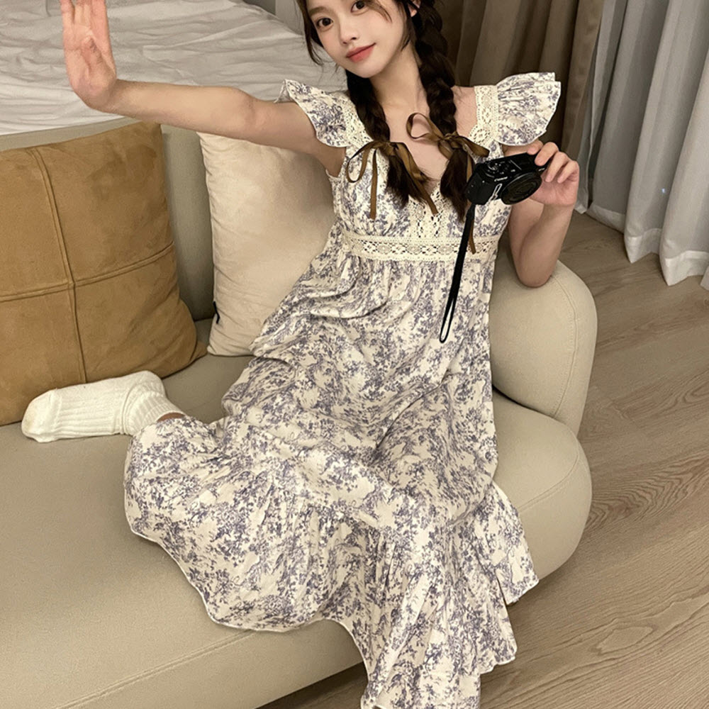 브라캡 내장 원피스 잠옷 나시 여성 민소매 여름 프릴 공주 홈웨어 파자마 캡내장 임산부 - 상품 이미지