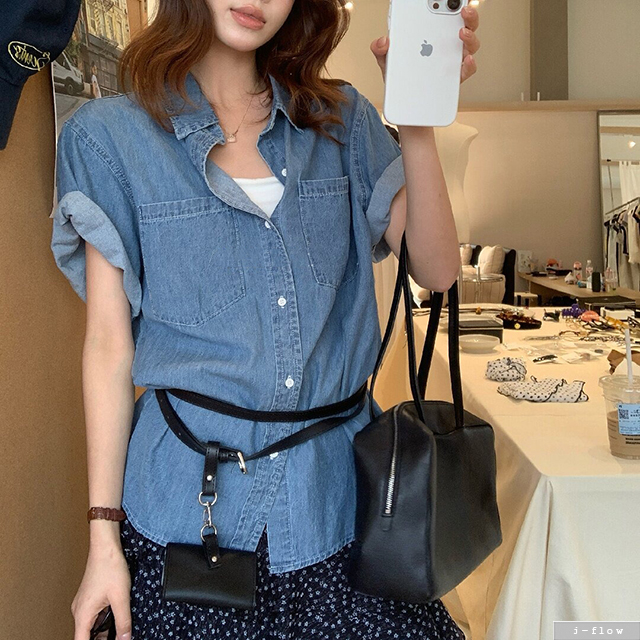 태그 데님 오버핏 카라 반팔 하프 셔츠 1col 봄 여름 루즈핏 코튼 제이플로우 - 상세 이미지 3