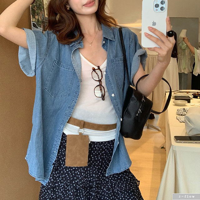태그 데님 오버핏 카라 반팔 하프 셔츠 1col 봄 여름 루즈핏 코튼 제이플로우 - 상세 이미지 4