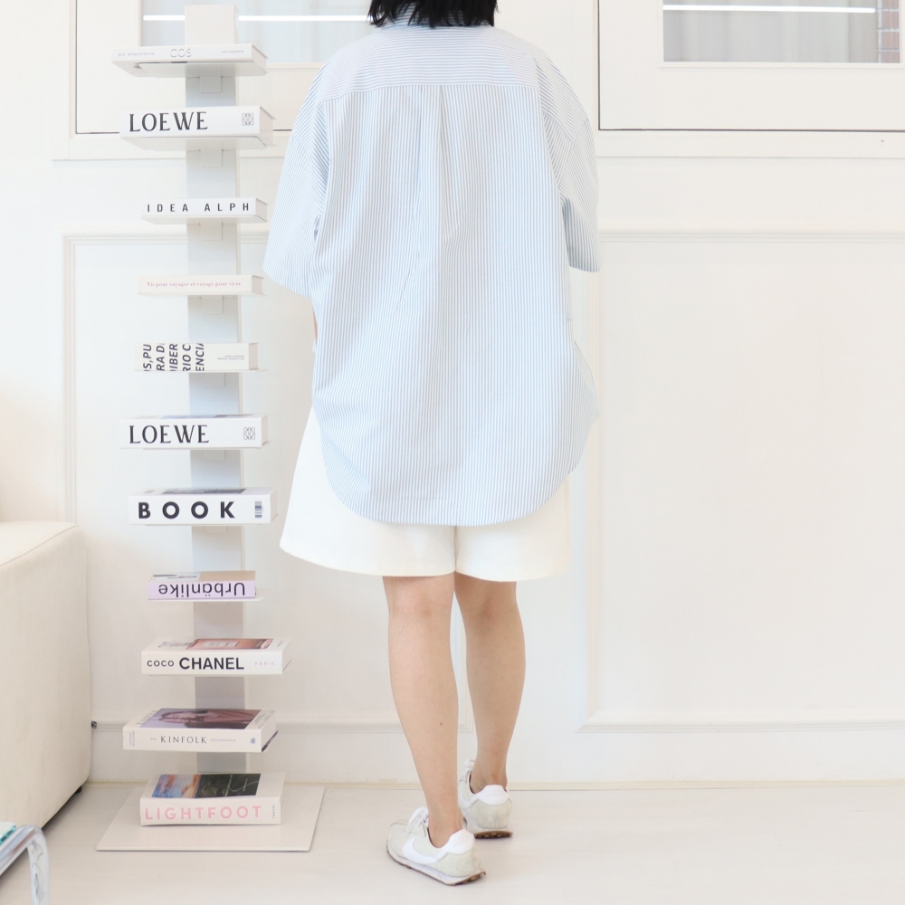 빅사이즈 여름 반팔 스트라이프 남방 박시 단추 오버핏 롱 셔츠 99 4XL 민트 - 상세 이미지 5