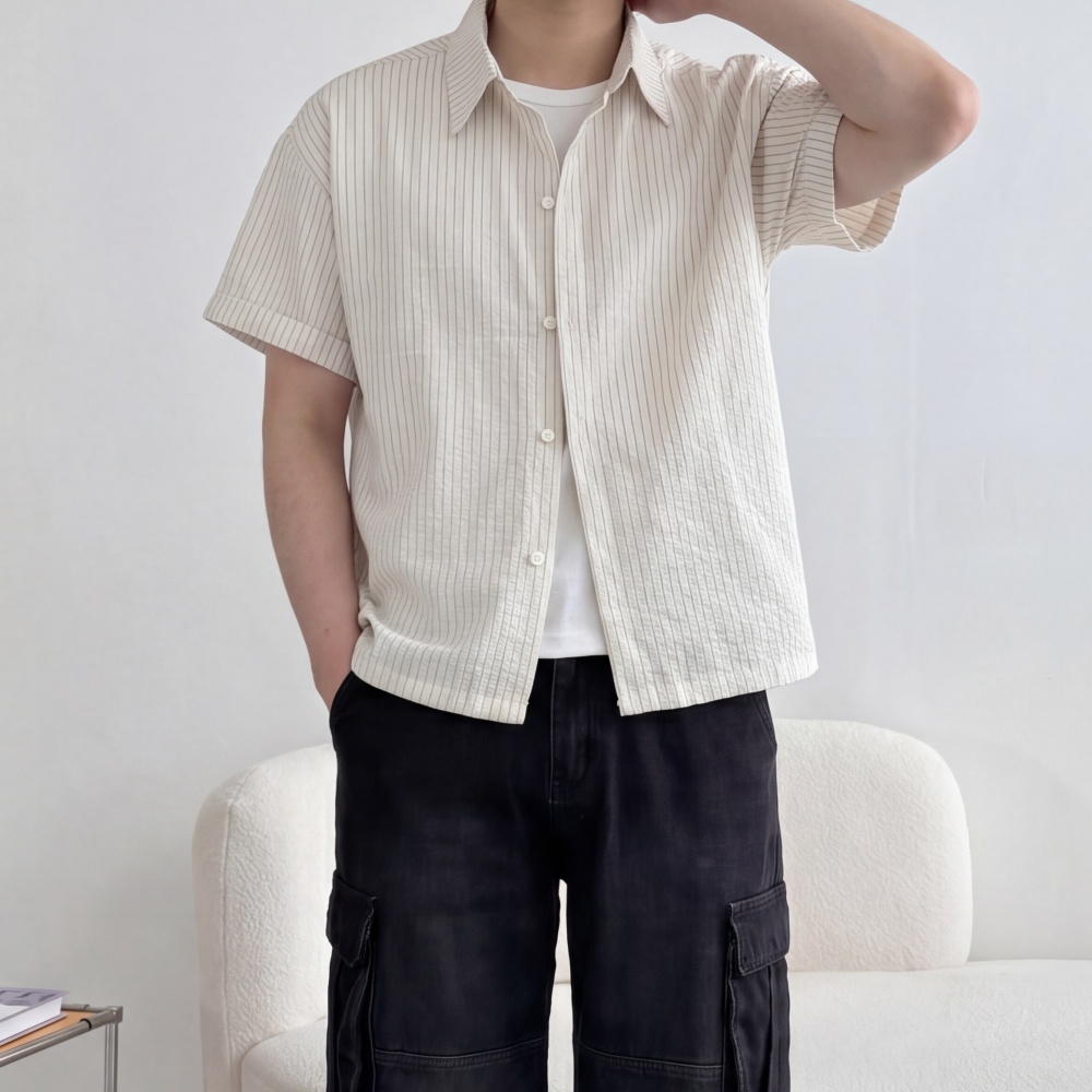 여름 오버핏 시어서커반팔셔츠 스트라이프 크롭남방 이미지 8