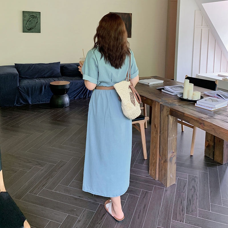 빅사이즈 데님원피스 벨트드레스 봄 여름 얇은 카라 셔츠형 반팔 롱 A라인 여유핏 포켓 - 상세 이미지 4