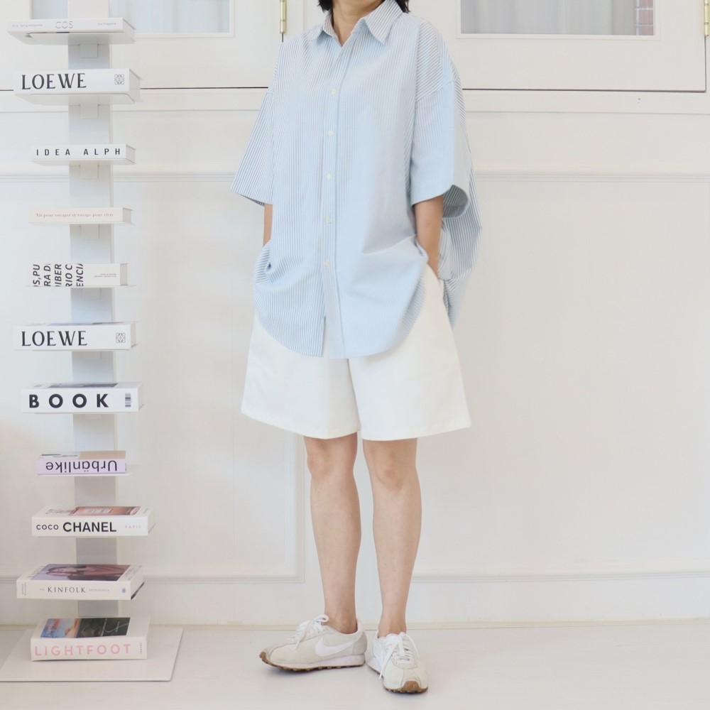 빅사이즈 여름 반팔 스트라이프 남방 박시 단추 오버핏 롱 셔츠 99 4XL 민트 이미지 6