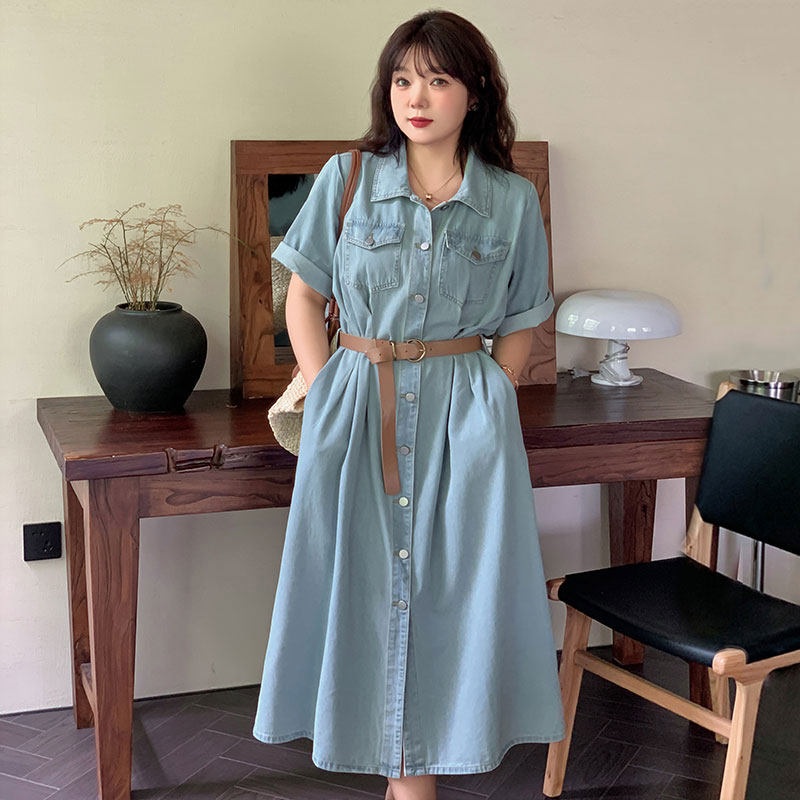 빅사이즈 데님원피스 벨트드레스 봄 여름 얇은 카라 셔츠형 반팔 롱 A라인 여유핏 포켓 - 상품 이미지