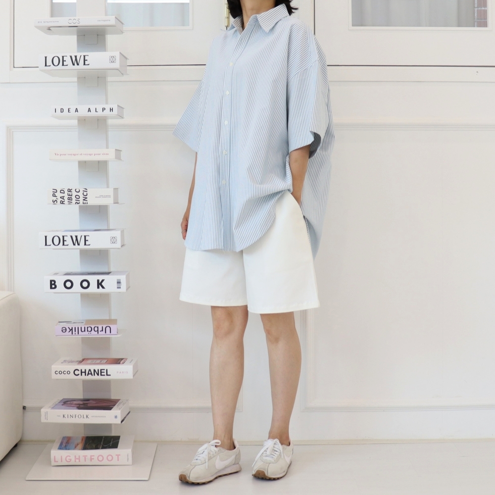 빅사이즈 여름 반팔 스트라이프 남방 박시 단추 오버핏 롱 셔츠 99 4XL 민트 - 상세 이미지 3