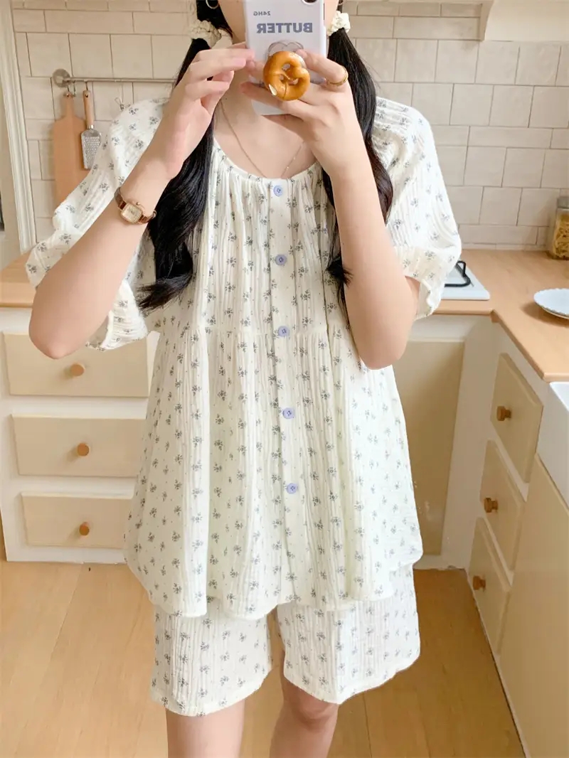 반팔 커플잠옷 반바지 잔꽃 빅사이즈 임산부 파자마 수유 홈웨어 여름 이미지 7