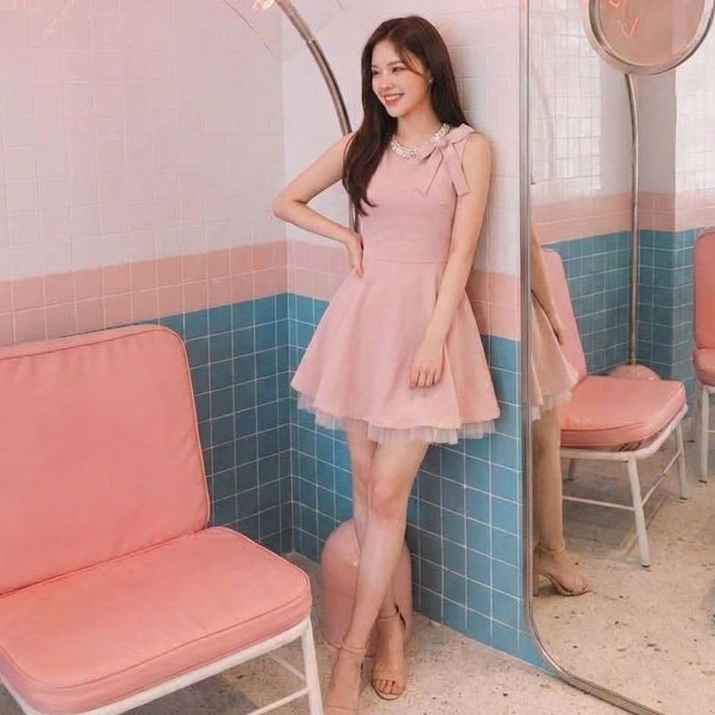 프렌치 리본 진주 미니 드레스 셀프웨딩 야외스냅 2부드레스 하객룩 튤스커트 핑크 블랙 - 상세 이미지 3