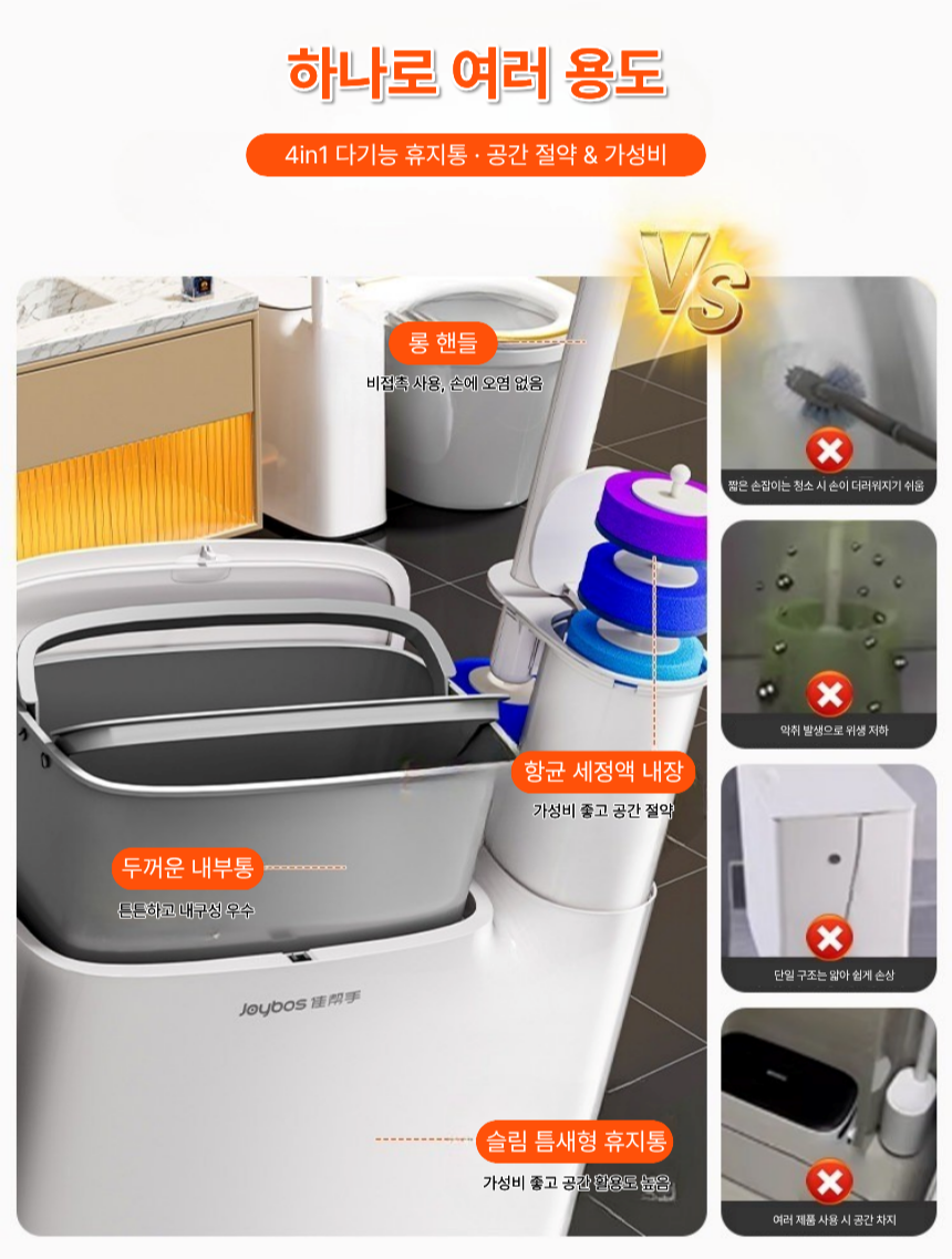 4in1 자동 오픈형 변기솔 욕실 쓰레기통 청소솔 일체형 탈취 항균 브러쉬 포함 슬림틈새 - 상세 이미지 3