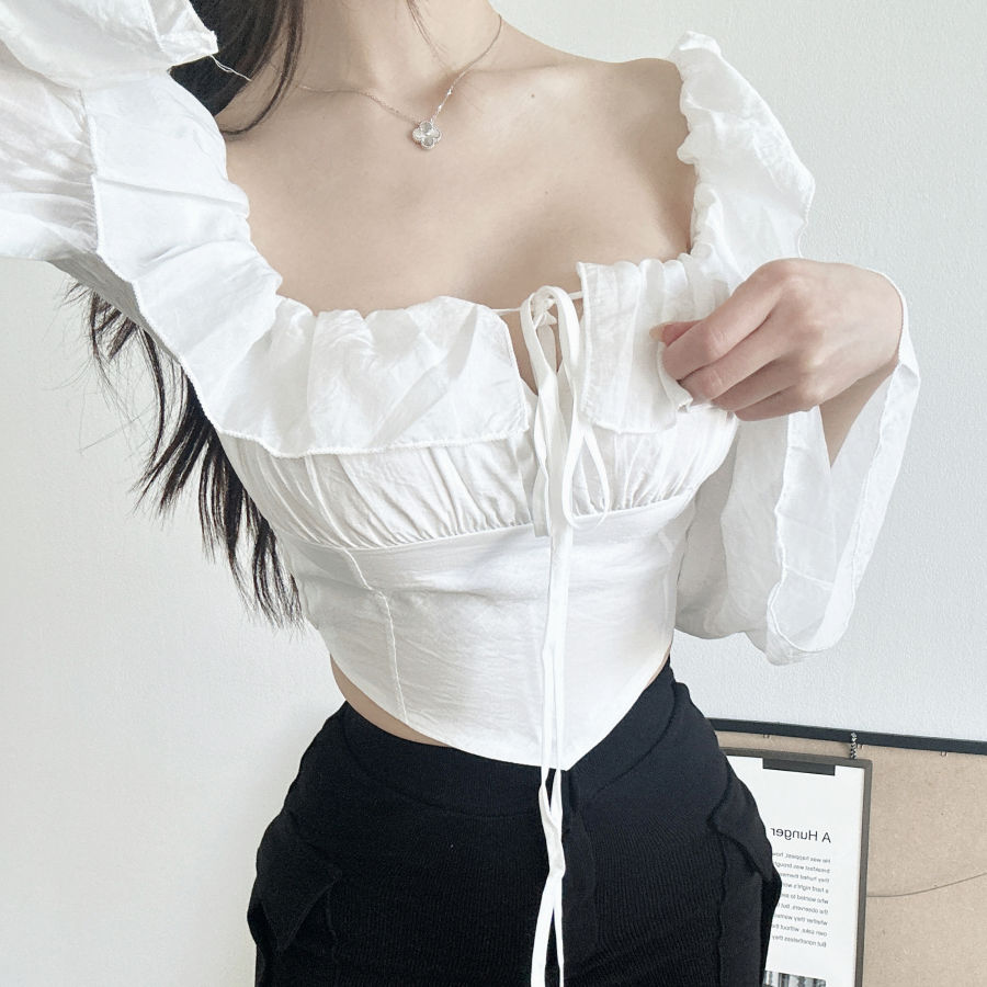 여성 크롭 긴팔 블라우스 오프숄더 스퀘어넥 퍼프 레이스 셔링 리본 봄 여름 2color - 상세 이미지 3