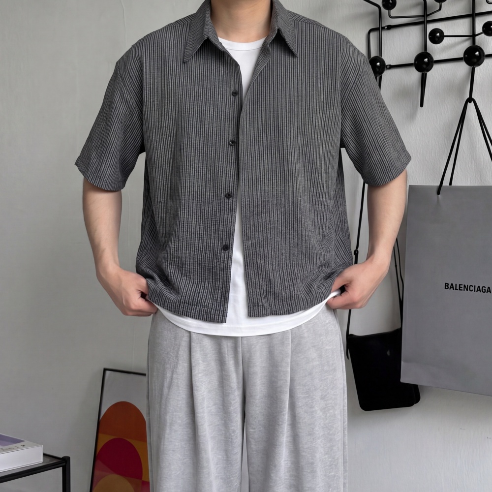 여름 오버핏 시어서커반팔셔츠 스트라이프 크롭남방 - 상세 이미지 5