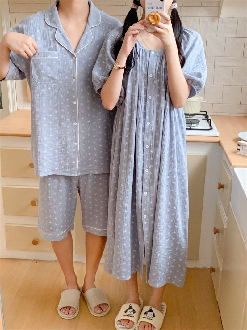 잔꽃 반팔 커플 원피스잠옷 빅사이즈 임산부 파자마 수유 홈웨어 여름 - 상세 이미지 3