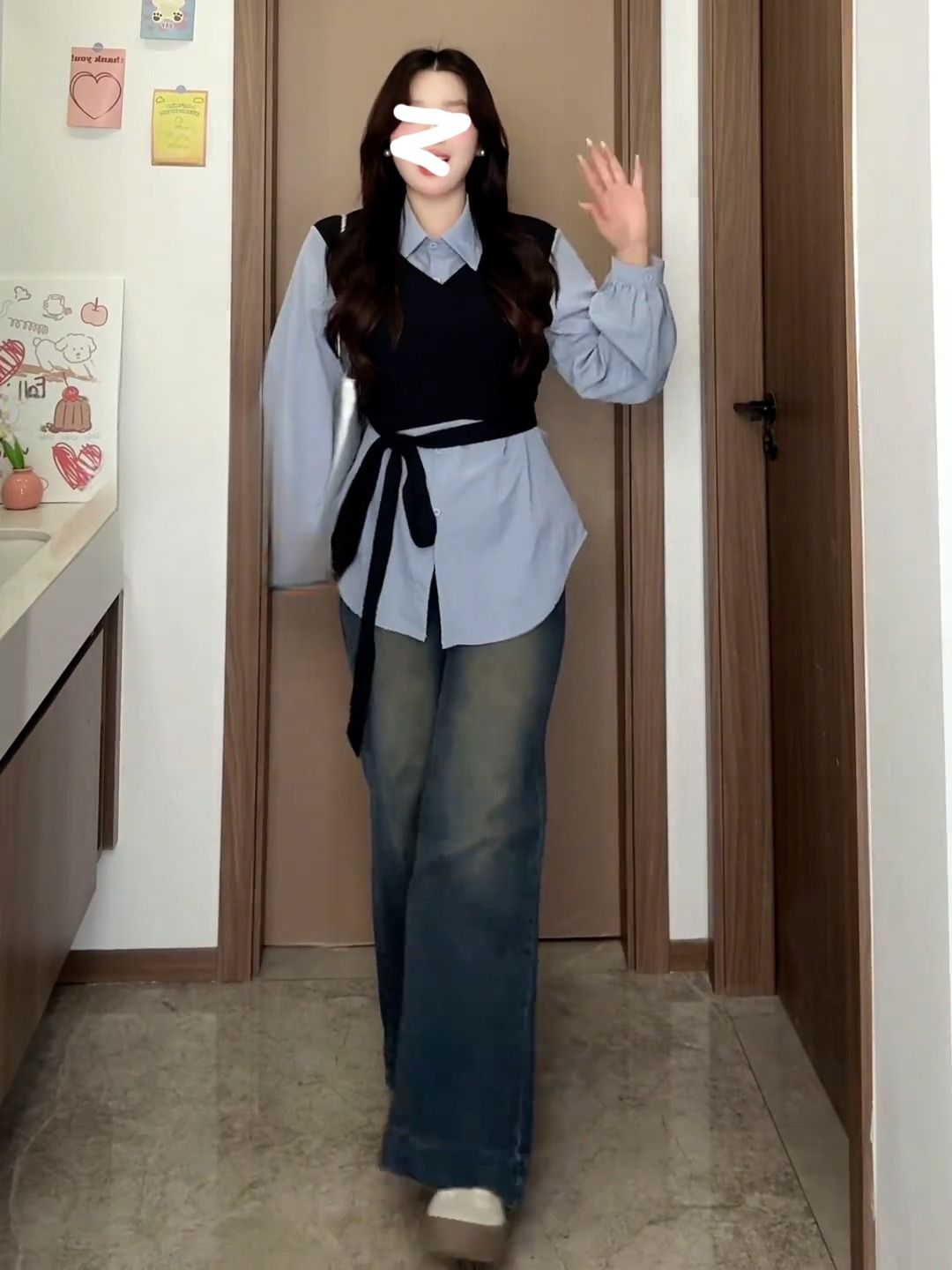 레이어링 베스트 파란색 여성 페이크 셔츠 블라우스 조끼 탑 패셔너블 - 상세 이미지 3