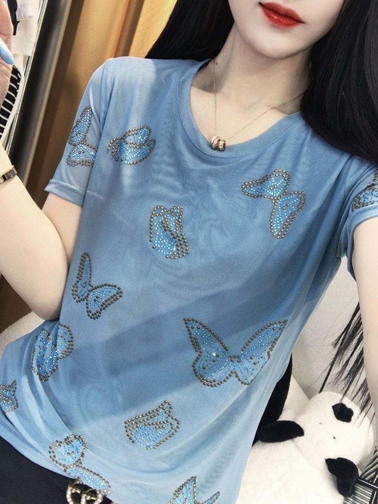 라틴댄스 여성티셔츠 무대의상 방송복 퍼포먼스 상의 라운드넥 댄스웨어 라인복 - 상세 이미지 5