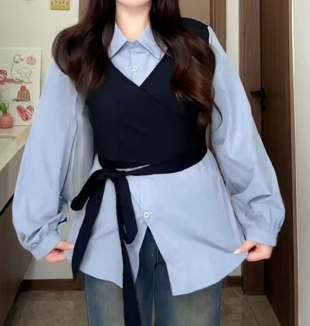 레이어링 베스트 파란색 여성 페이크 셔츠 블라우스 조끼 탑 패셔너블 - 상품 이미지