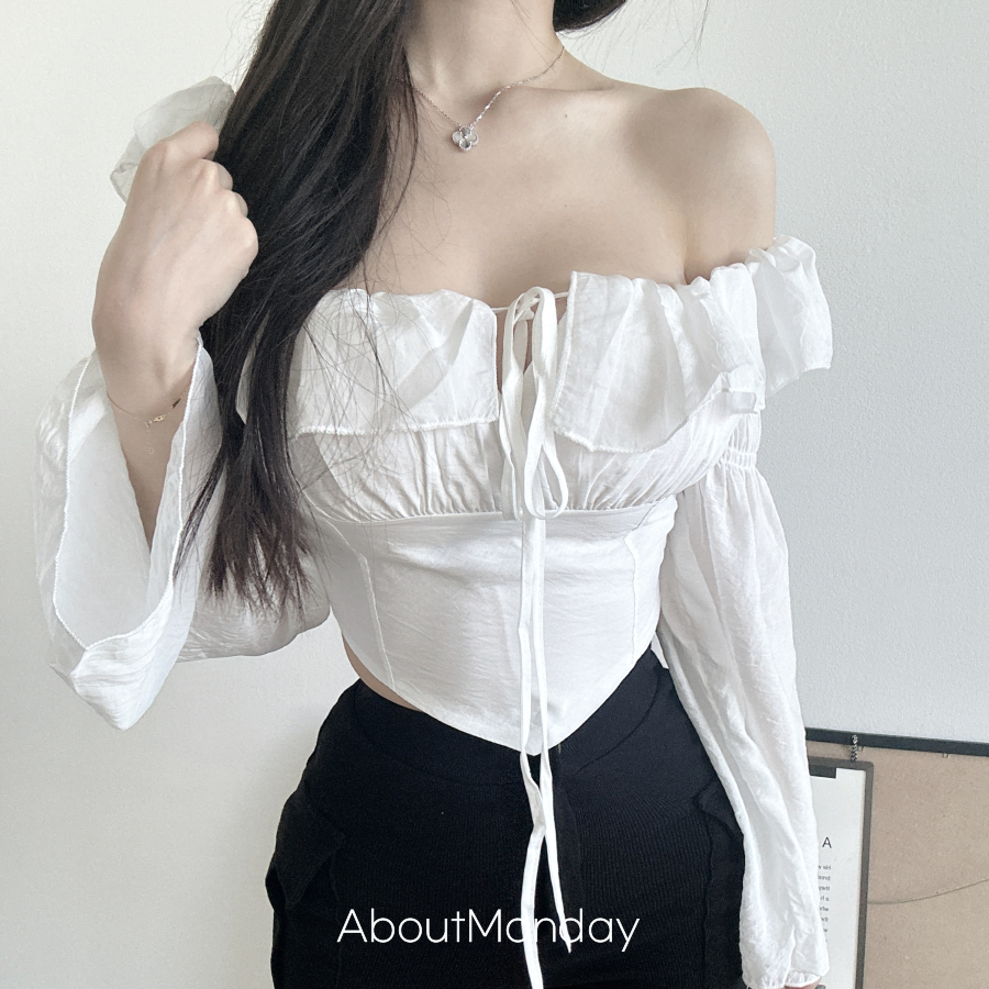 여성 크롭 긴팔 블라우스 오프숄더 스퀘어넥 퍼프 레이스 셔링 리본 봄 여름 2color - 상세 이미지 2