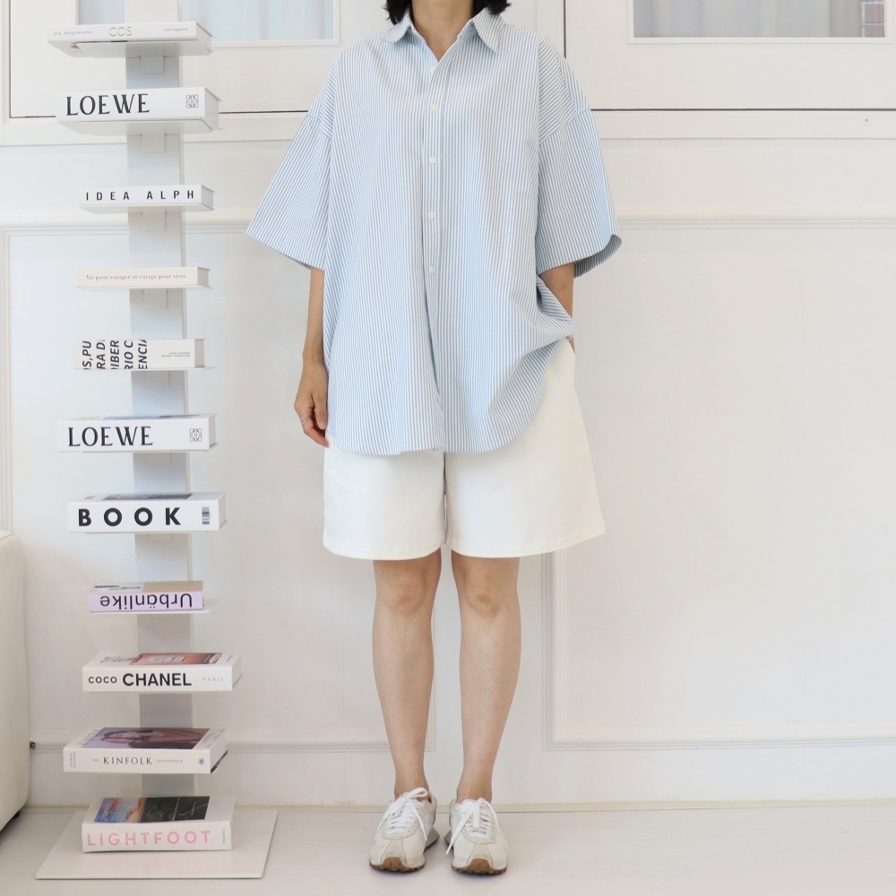 빅사이즈 여름 반팔 스트라이프 남방 박시 단추 오버핏 롱 셔츠 99 4XL 민트 - 상세 이미지 2