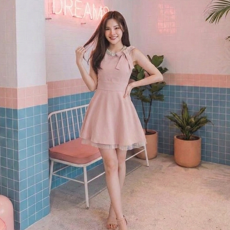 프렌치 리본 진주 미니 드레스 셀프웨딩 야외스냅 2부드레스 하객룩 튤스커트 핑크 블랙 - 상세 이미지 2