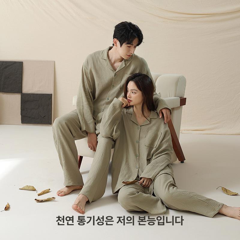 면잠옷 커플잠옷 사계절 파자마 홈웨어 코튼 세트 슈트 바지 - 상세 이미지 4