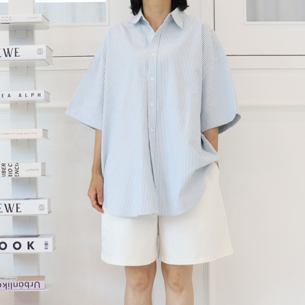 빅사이즈 여름 반팔 스트라이프 남방 박시 단추 오버핏 롱 셔츠 99 4XL 민트 - 상품 이미지