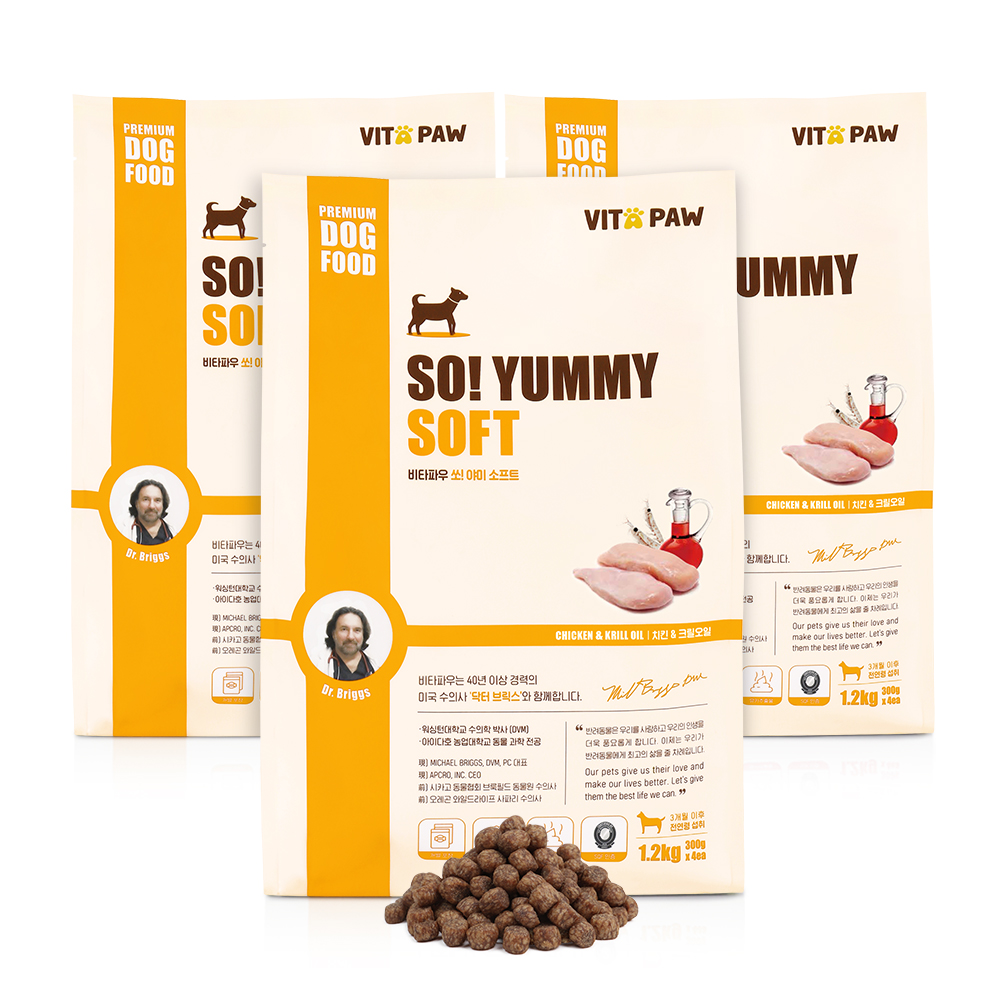 비타파우 강아지 전연령 높은 기호성 노견 쏘야미 소프트 반습식 사료 치킨+크릴, 1.2kg, 3개 - 상품 이미지