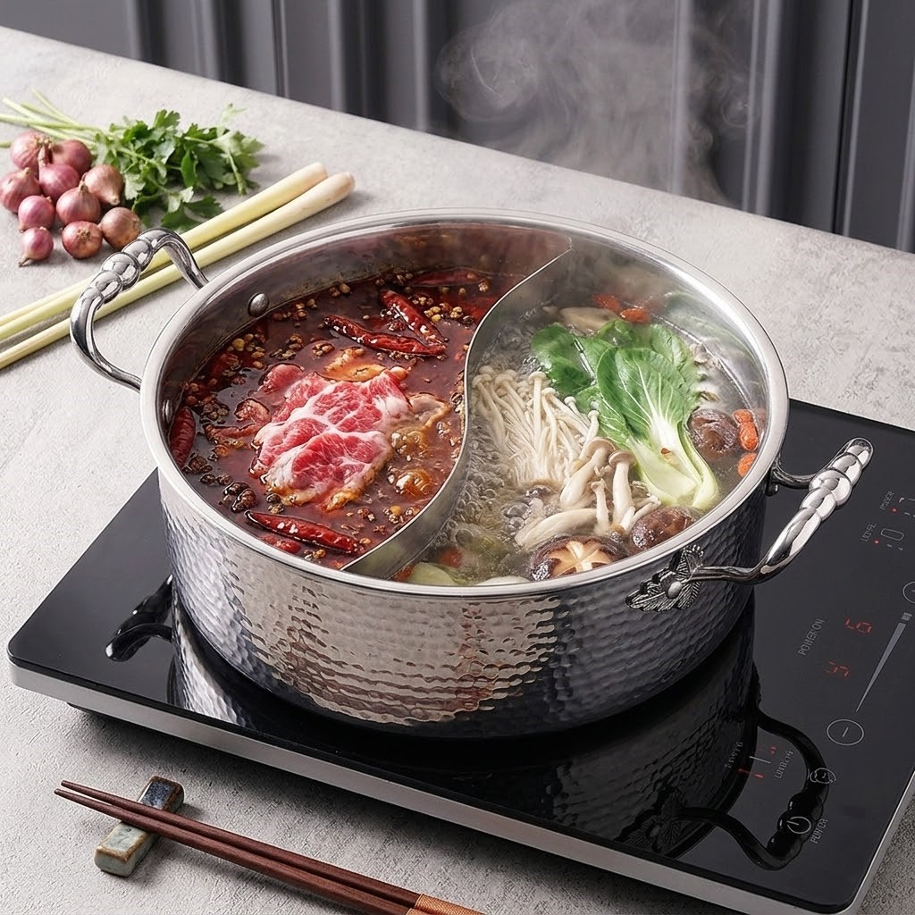 무료배송 험머 인덕션 통3중 스텐 반반 냄비 훠궈 샤브샤브 전골 32cm, 실버 - 상세 이미지 2