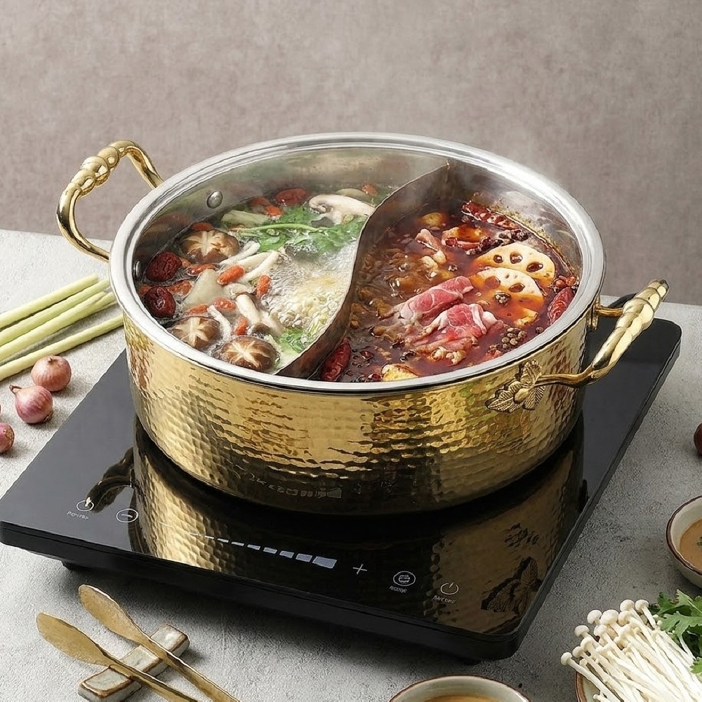 무료배송 험머 인덕션 통3중 스텐 반반 냄비 훠궈 샤브샤브 전골 26cm, 골드 - 상세 이미지 2