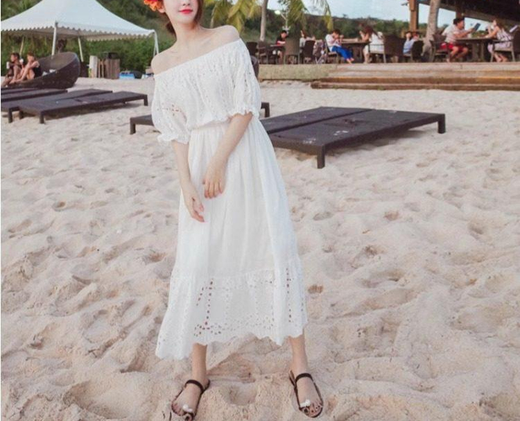 오프숄더 원피스 펀칭 시스루 여성복 미니 드레스 여름 휴양지 의상 민소매 - 상세 이미지 5