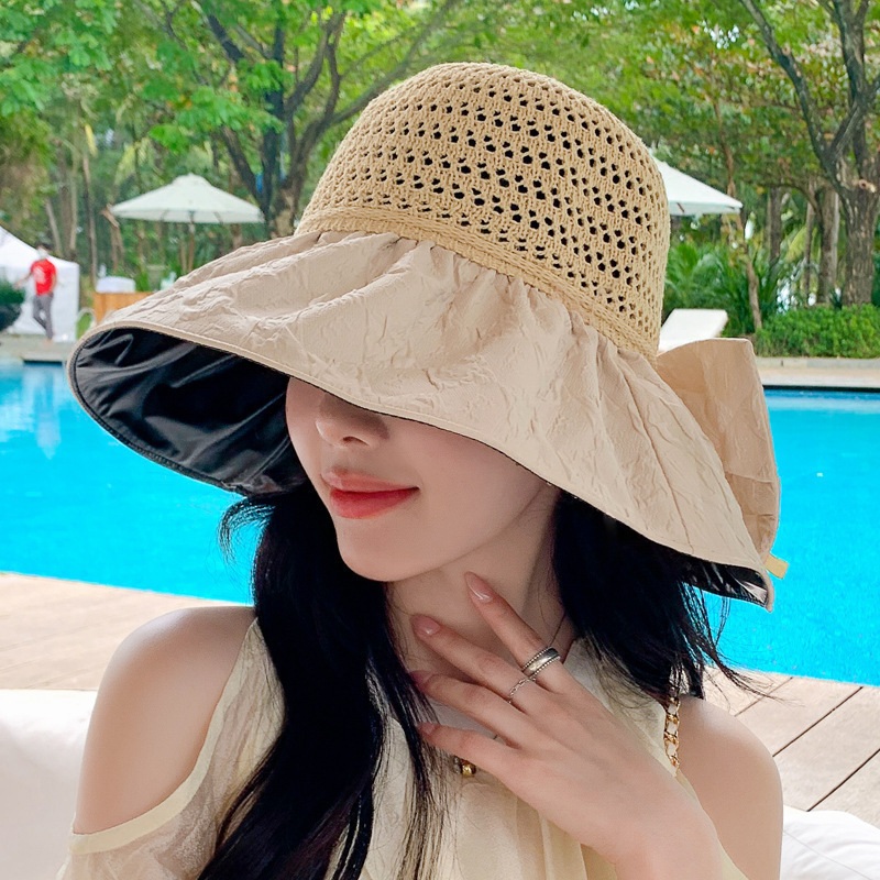 여성 블랙코팅 리본 챙넓은 자외선차단 접이식 썬햇 버킷햇 - 상품 이미지