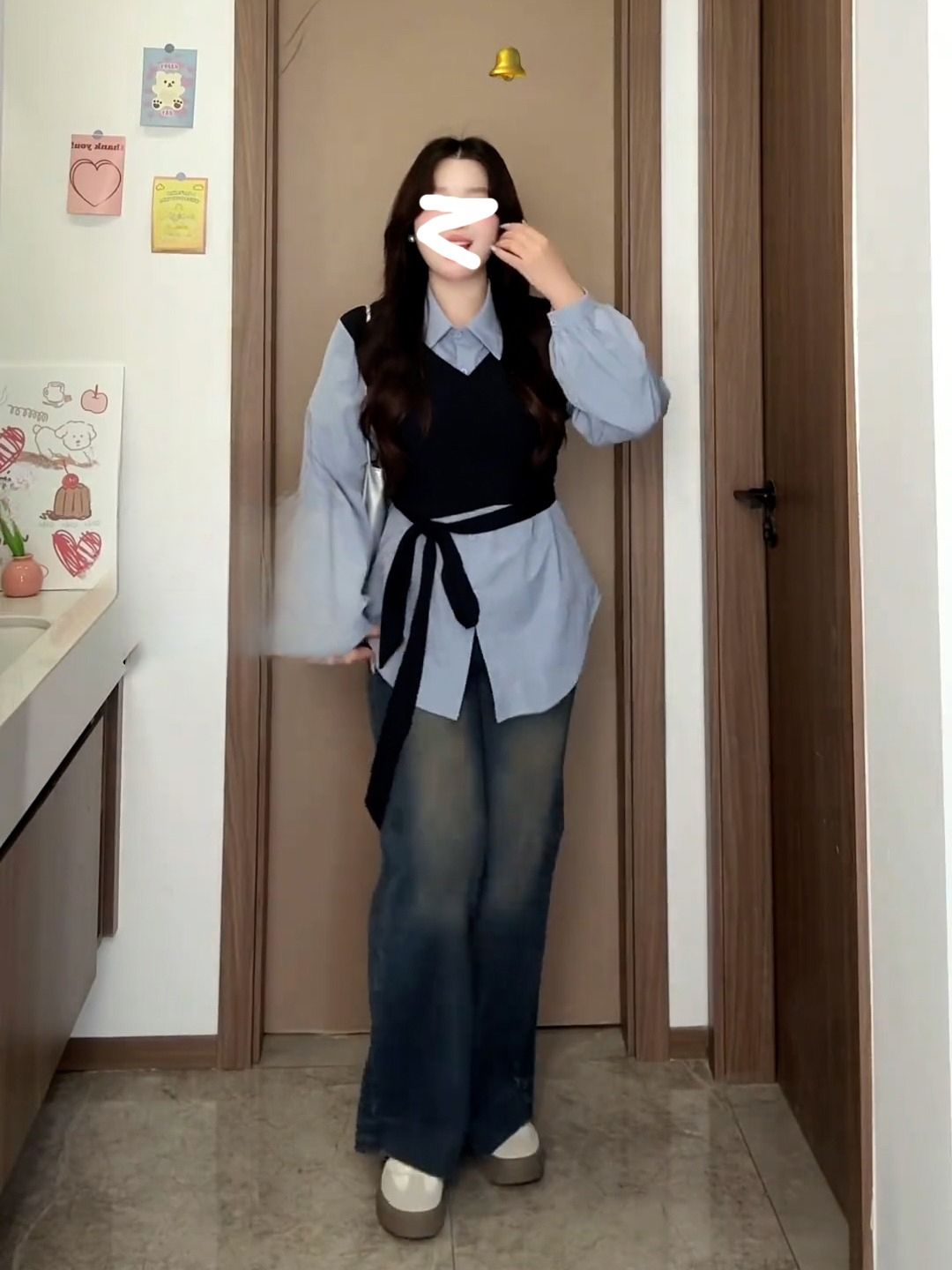 레이어링 베스트 파란색 여성 페이크 셔츠 블라우스 조끼 탑 패셔너블 - 상세 이미지 4