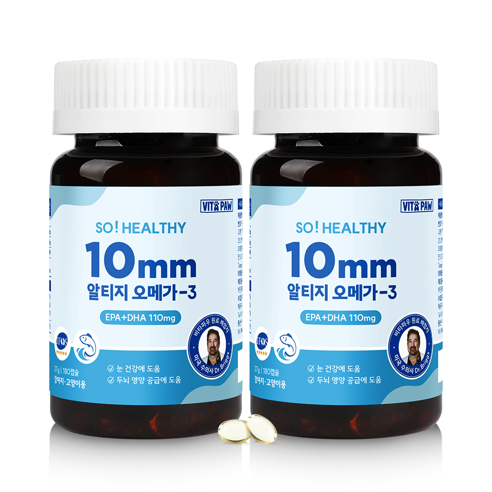 비타파우 강아지 영양제 고양이 쏘헬시 알티지 오메가3 눈 피부 비타민E 180캡슐, 2개 - 상품 이미지