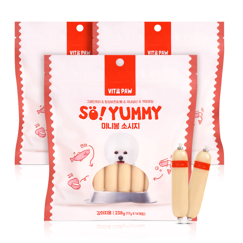 비타파우 강아지 소세지 휴먼그레이드 애견 간식 미니봉 소시지 14개입 연어+크릴, 238g, 3개 - 상품 이미지