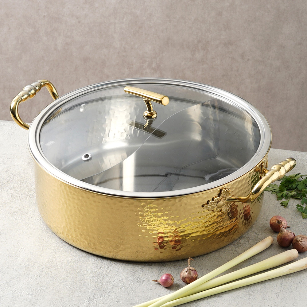 무료배송 험머 인덕션 통3중 스텐 반반 냄비 훠궈 샤브샤브 전골 32cm, 골드 - 상세 이미지 5