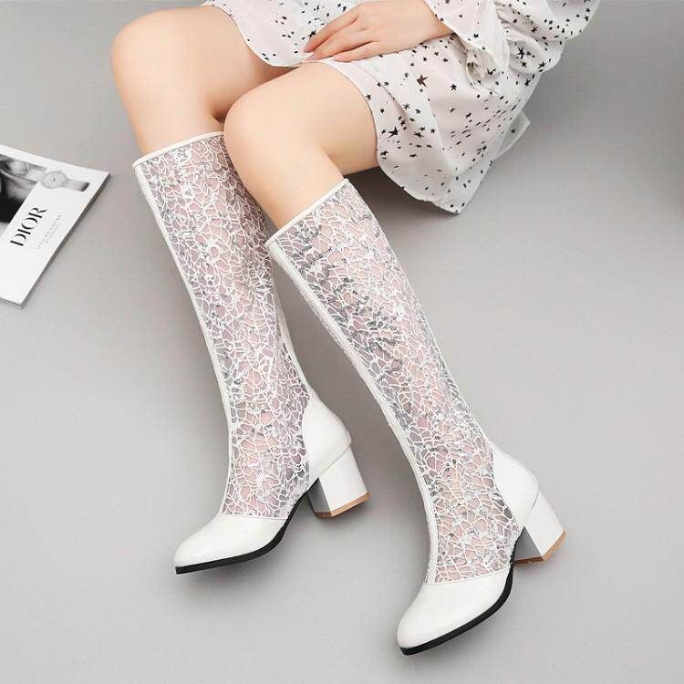 여름 롱부츠 망사 슈즈 가죽 부츠 펀칭 그물 워커 레이스 여자 여름롱부츠 - 상품 이미지