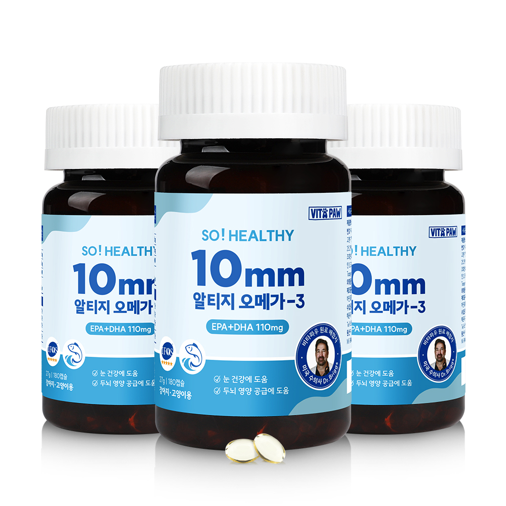 비타파우 강아지 영양제 고양이 쏘헬시 알티지 오메가3 눈 피부 비타민E 180캡슐, 3개 - 상품 이미지