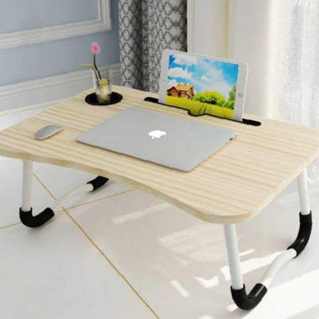 침대 책상 겸용 상판 접이식 거치대 컵받침 포함 원목무늬 휴대용 공부 재택근무용