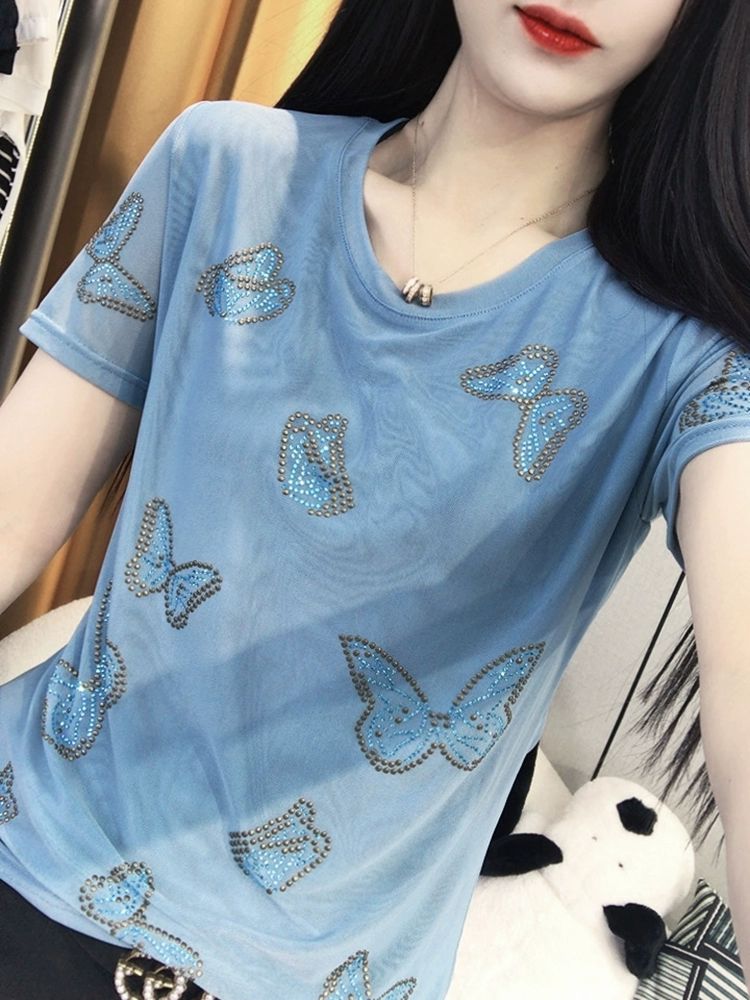 라틴댄스 여성티셔츠 무대의상 방송복 퍼포먼스 상의 라운드넥 댄스웨어 라인복 - 상세 이미지 4