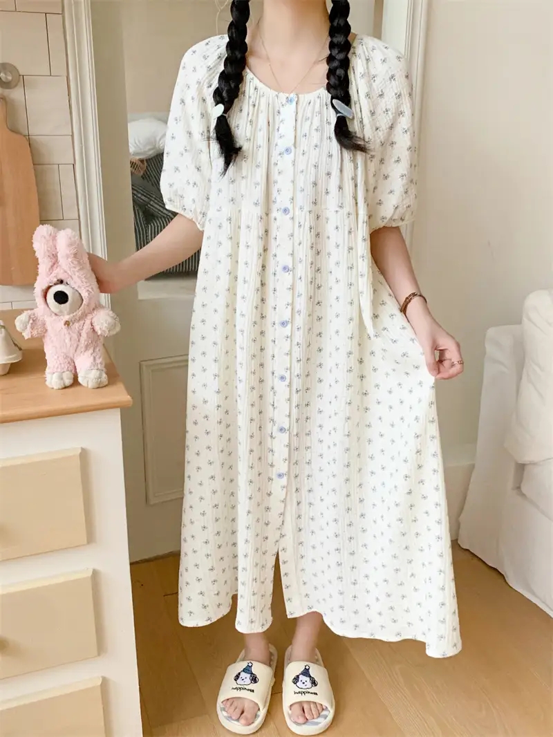 잔꽃 반팔 커플 원피스잠옷 빅사이즈 임산부 파자마 수유 홈웨어 여름 이미지 6