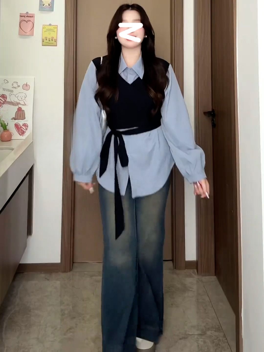 레이어링 베스트 파란색 여성 페이크 셔츠 블라우스 조끼 탑 패셔너블 - 상세 이미지 2